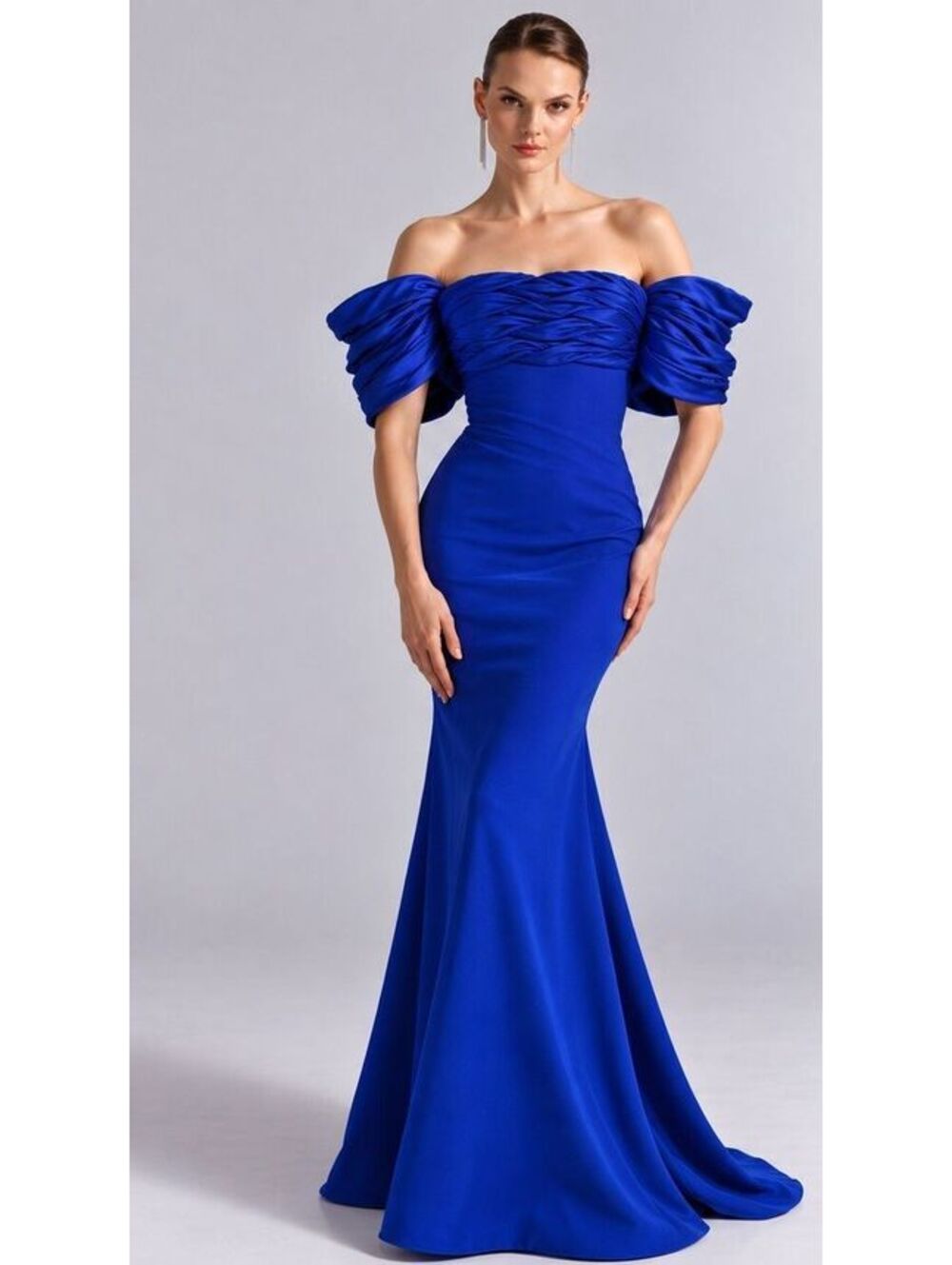Badgley Mischka EG5258 Cobalt Blue Ruched Sleeve Column Gown Formal Evening sz 4
